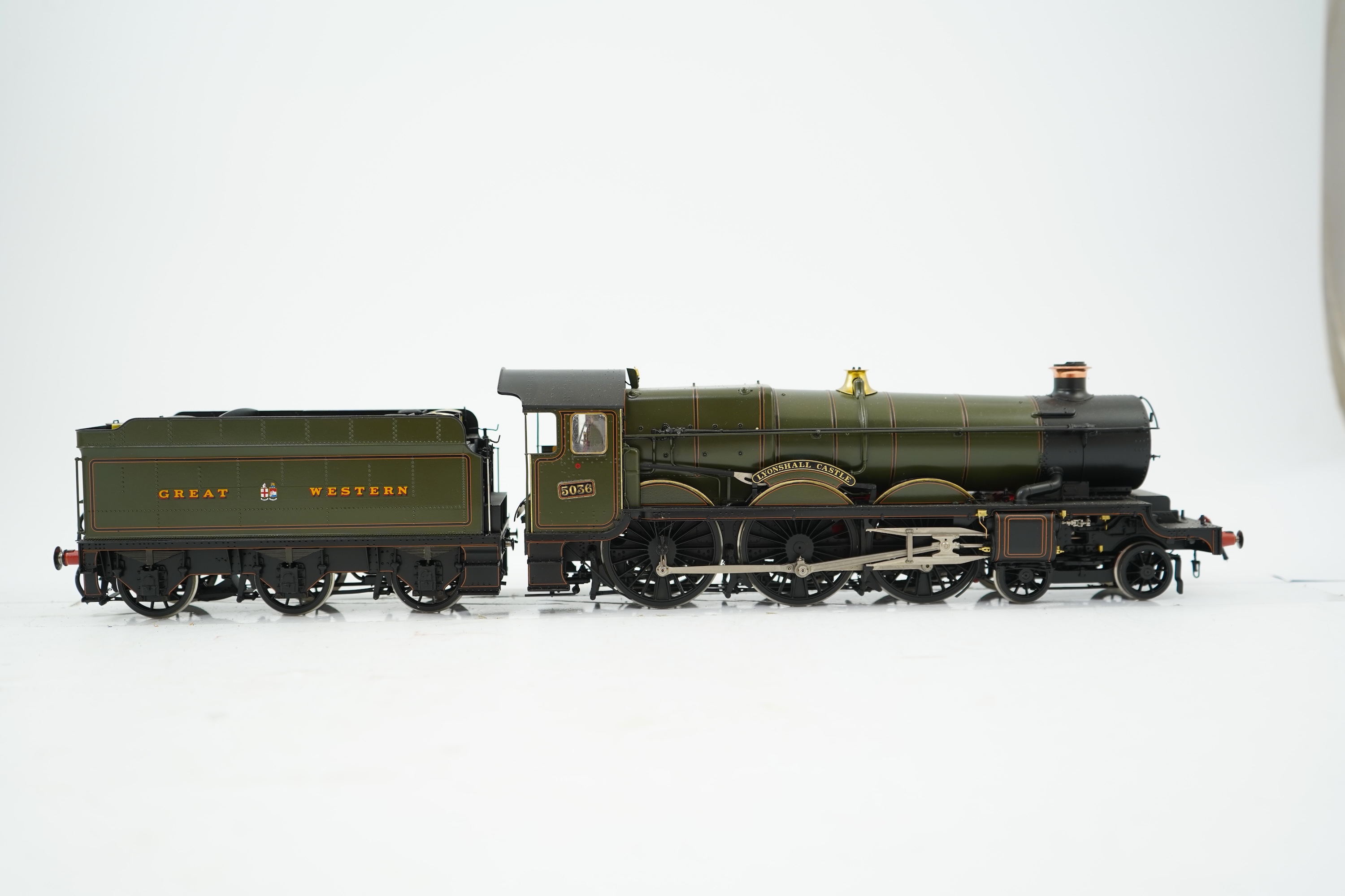 An 0 gauge Masterpiece Models model of GWR Castle Class, Lyonshall Castle 5036, 4-6-0 tender locomotive, powered for two rail operation, with original box, instruction booklet and other paperwork.